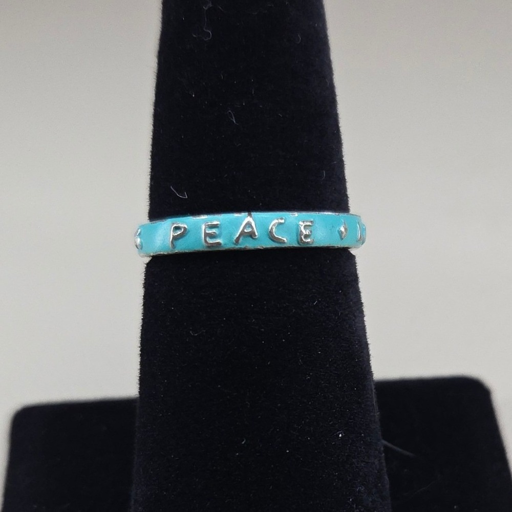 Lucky Brand Turquoise Enamel Peace Love Stackable Band Ring Silver Tone Size 7.5